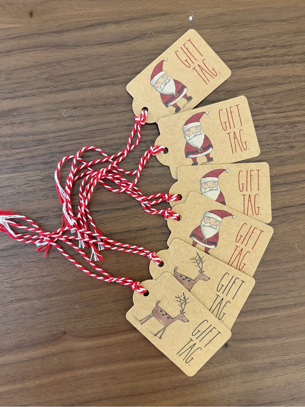 Set of 6 Kraft Christmas Gift Tags Santa Reindeer With Twine